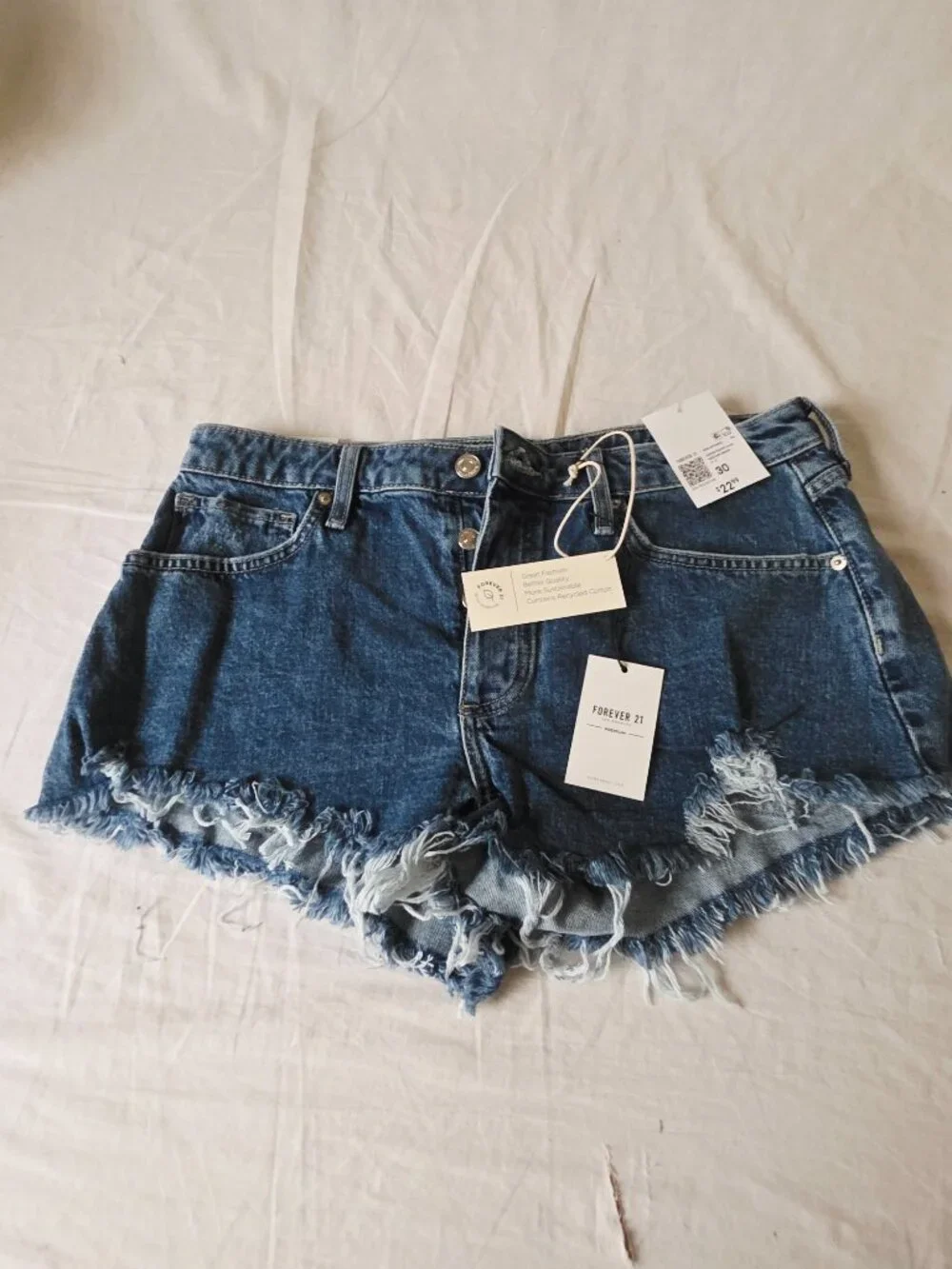 NWT! Forever 21 Recycled Cotton Jean Shorts with Ragged Hem & Button Closure